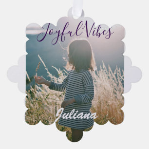Joyful vibes kids photo purple holidays name gifts ornament card