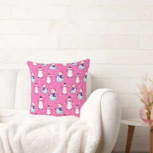 Joyful Vintage Snowmen Pink Background Pattern  Throw Pillow