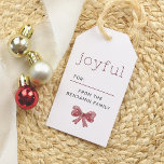 Joyful | Watercolor Bow Modern Christmas Gift Tags<br><div class="desc">Add a touch of festive charm to your gifts with this beautiful “joyful” Christmas gift tag! Featuring a space to write the recipient’s name, with your family name printed in modern, clean sans-serif font below, this tag is perfect for personalizing every present. A watercolor red bow adds a cute finishing...</div>