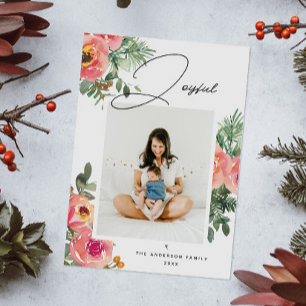 Joyful. Watercolor Christmas floral & pine branch Holiday Card