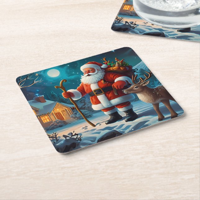 Joyful winter Christmas celebration scene Square Paper Coaster (Angled)