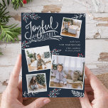 Joyful Wish | Christmas Photo Collage Card<br><div class="desc">Beautiful typography based holiday photo card features four of your favourite square family photos in a collage layout. "Joyful Wishes" appears at the top in white hand lettered typography on a rich navy blue background accented with white sketched leaves and red holly berries. Customize with your personal greeting, family names...</div>