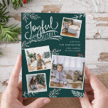 Joyful Wish | Christmas Photo Collage Card<br><div class="desc">Beautiful typography based holiday photo card features four of your favourite square family photos in a collage layout. "Joyful Wishes" appears at the top in white hand lettered typography on a dark spruce green background accented with white sketched leaves and red holly berries. Customize with your personal greeting, family names...</div>