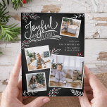 Joyful Wish | Christmas Photo Collage Card<br><div class="desc">Beautiful typography based holiday photo card features four of your favourite square family photos in a collage layout. "Joyful Wishes" appears at the top in white hand lettered typography on a charcoal grey chalkboard background accented with white sketched leaves and red holly berries. Customize with your personal greeting, family names...</div>