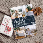 Joyful Wish | Christmas Photo Collage Card<br><div class="desc">Beautiful typography based holiday photo card features four of your favourite square family photos in a collage layout. "Joyful Wishes" appears in the centre in white hand lettered typography on a rich navy blue background accented with white sketched leaves and red holly berries. Customize with your personal greeting, family names...</div>