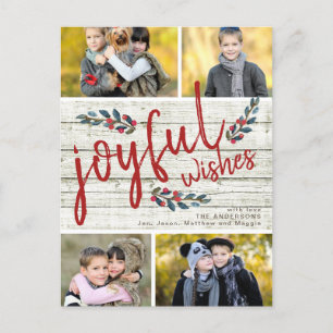 Joyful Wish Rustic Red Christmas 4 Photo Collage Holiday Postcard