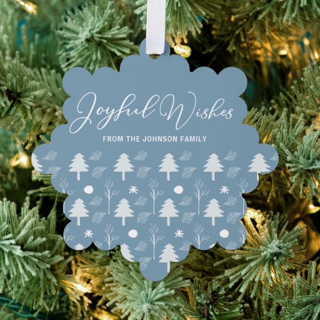 Joyful Wishes Beautiful Blue Custom Christmas Ornament Card (Insitu (Tree))