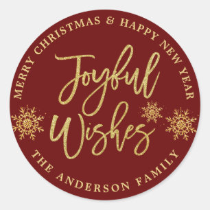 Joyful Wishes Burgundy Faux Gold Classic Round Sticker