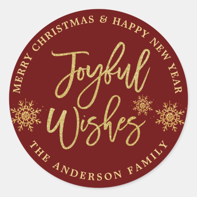 Joyful Wishes Burgundy Faux Gold Classic Round Sticker (Front)
