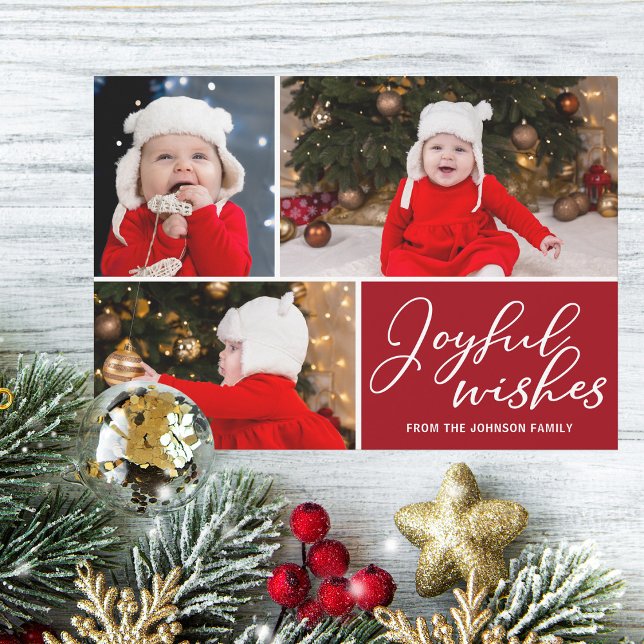 Joyful Wishes Festive Red Christmas Trees 3 Photo Holiday Card (Creator Uploaded)