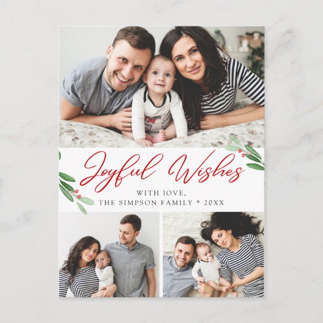 Joyful Wishes Holly Berry Christmas PHOTO Greeting Postcard (Front)