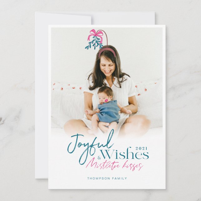 Joyful Wishes & Mistletoe Kisses Photo Holiday Card (Front)