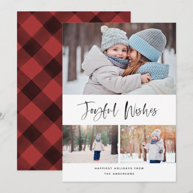 Joyful Wishes Modern Brush Script Photo Christmas Holiday Card (Front/Back)