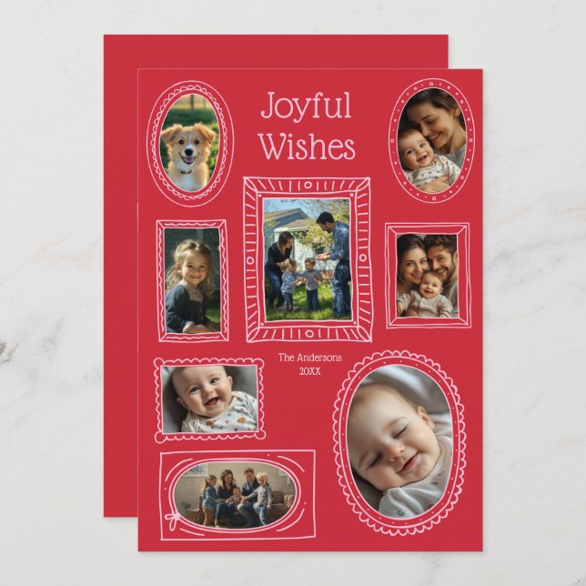 Joyful Wishes Red Doodle Photo Frame Collage Holiday Card (Front/Back)