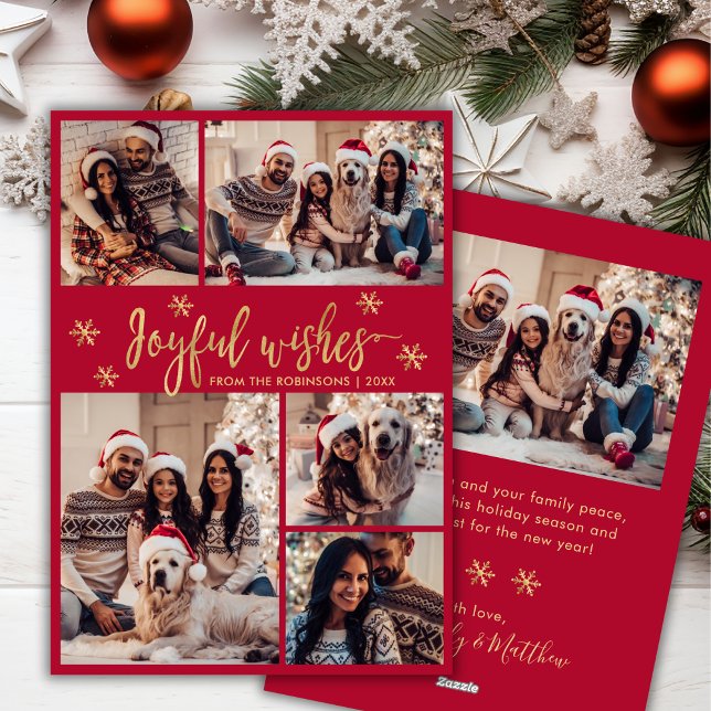 Joyful Wishes Red Gold Photo Collage Christmas Holiday Card (Creator Uploaded)