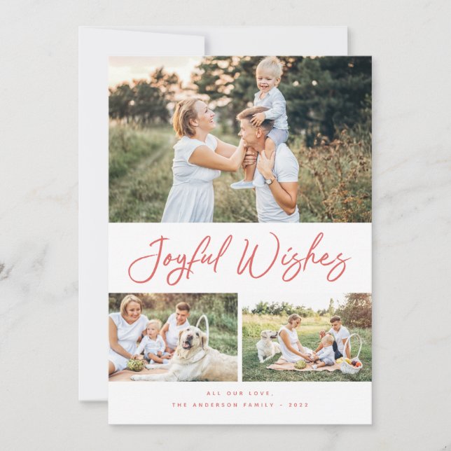 Joyful Wishes Red Script Christmas Photo Collage Holiday Card (Front)