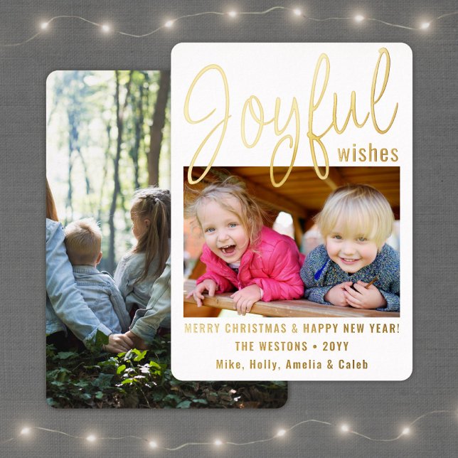 Joyful Wishes Script Modern Minimalist 2 Photo Foil Holiday Card (Creator Uploaded)