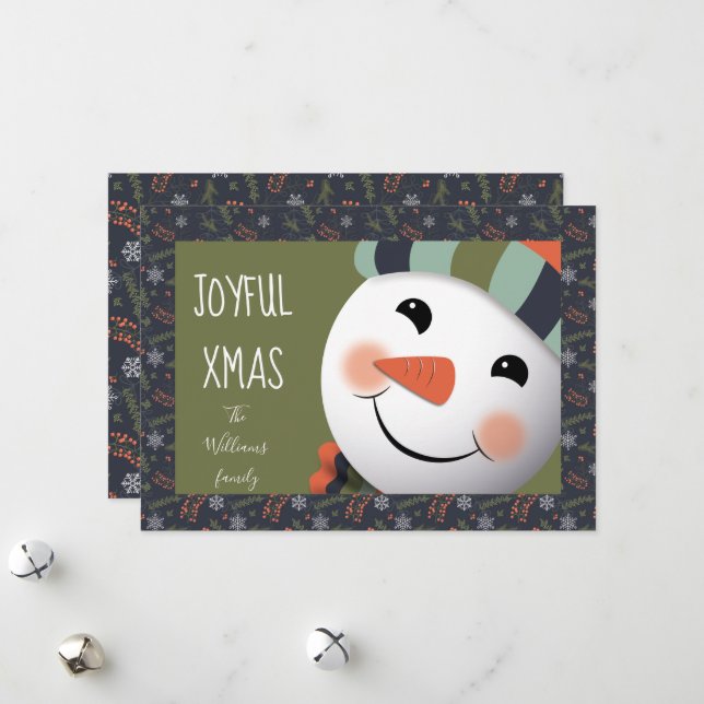 Joyful Xmas Happy Snowman foliage border green Holiday Card (Front/Back In Situ)