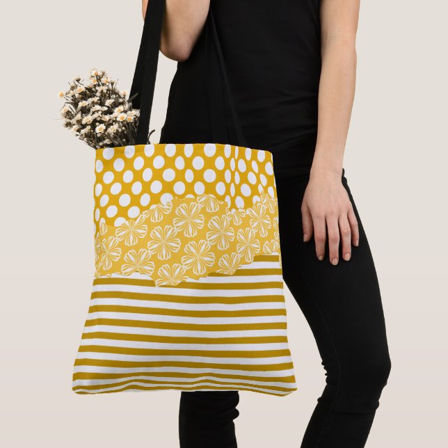 Joyful Yellow Stripes Floral Polka Dot Layered Tote Bag (Close Up)
