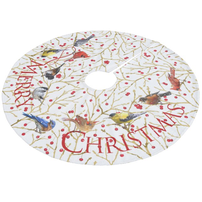 Joyous Backyard Birds & Winterberries Christmas Fleece Tree Skirt (Angled)