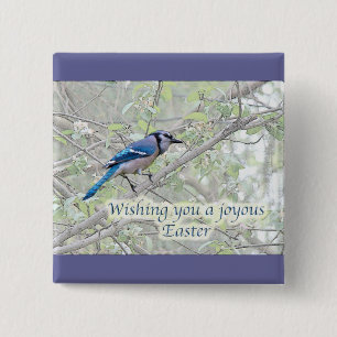 Joyous Easter Blue Jay Songbird 2 Inch Square Button