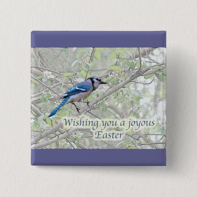 Joyous Easter Blue Jay Songbird 2 Inch Square Button (Front)