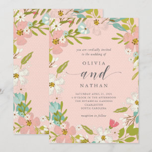Joyous Floral on Pink   Wedding Invitation