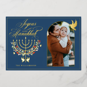 Joyous Hanukkah Festive Menorah Candle Photo Blue Foil Holiday Card