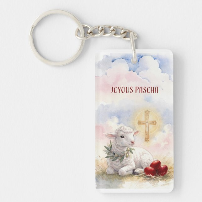 Joyous Pascha Lamb, Red Eggs and Cross Keychain (Front)