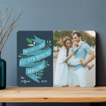 Joyous Tidings | Hanukkah Photo Card<br><div class="desc">Beautifully illustrated Hanukkah photo card features your favourite photo aligned at the right,  with "may love and light fill your heart at Hanukkah" in hand lettered typography on a blue watercolor ribbon accented with green leaves and white berries. Personalize with your names and the year.</div>