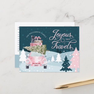 Joyous Travels Road Trip Pink Retro Watercolor Car Holiday Postcard