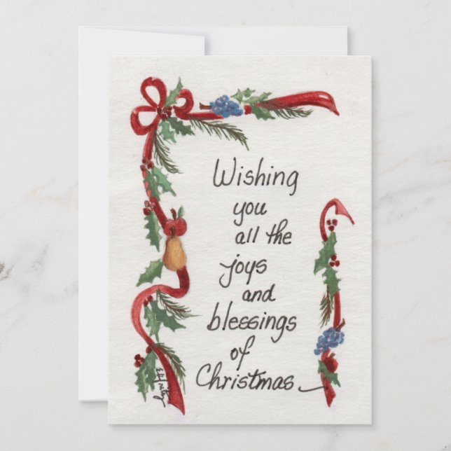“Joys and Blessings” Green Garland border  Holiday Card (Front)