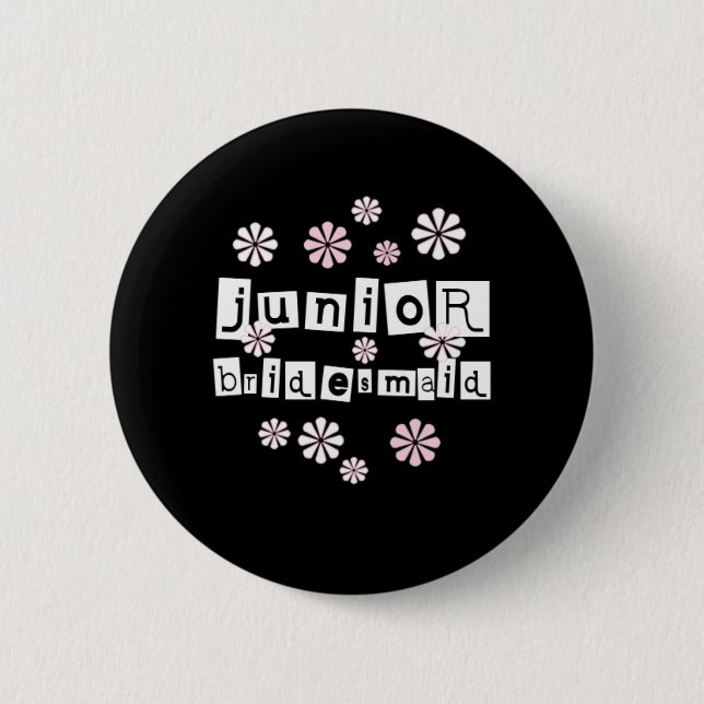 Jr. Bridesmaid White on Black 2 Inch Round Button (Front)