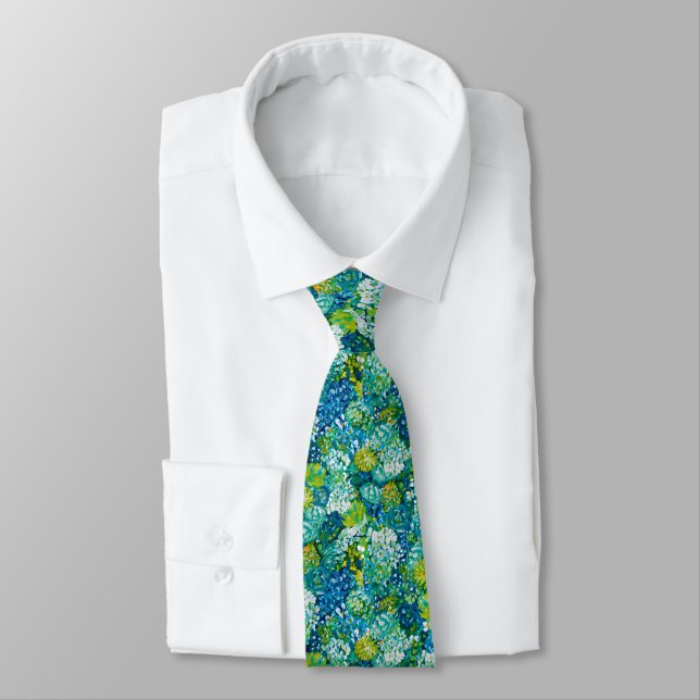 Jubilant Blue and Green Modern Floral Designer Tie (Tied)