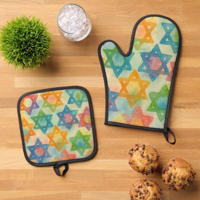Judaica Gifts - Customizable Oven Mits Mitt & Pot Holder Set (Top Down)