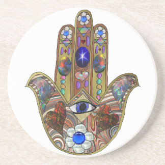 Judaica Hamsa Hearts Flowers Opal Art Print Coaster