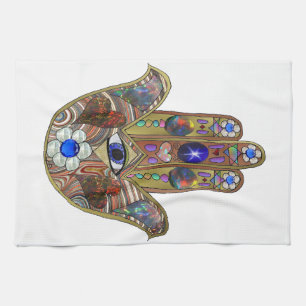 Judaica Hamsa Hearts Flowers Opal Art Print Kitchen Towel