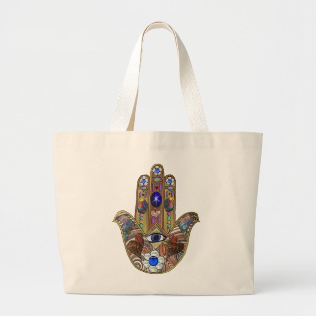 Judaica Hamsa Hearts Flowers Opal Art Print Large Tote Bag (Front)