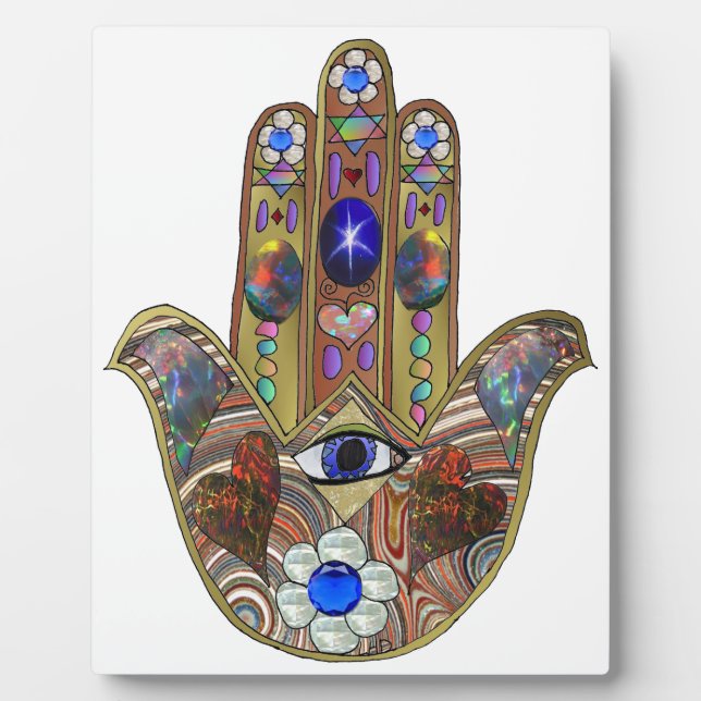 Judaica Hamsa Hearts Flowers Opal Art Print Plaque (Front)