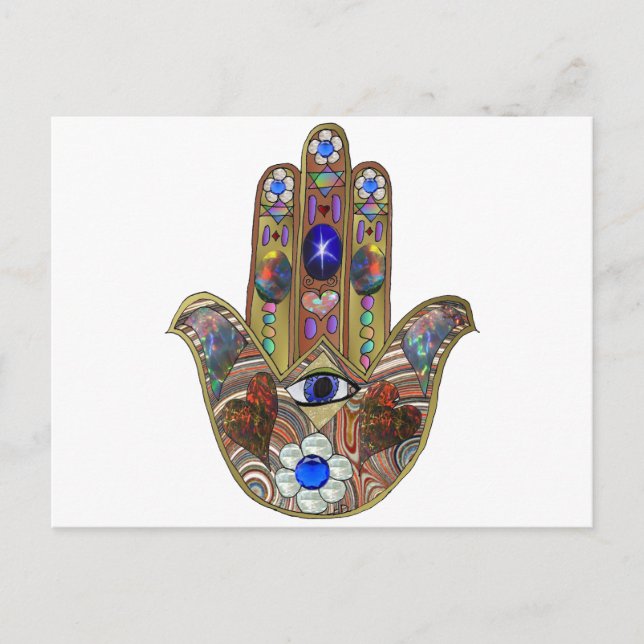 Judaica Hamsa Hearts Flowers Opal Art Print Postcard (Front)