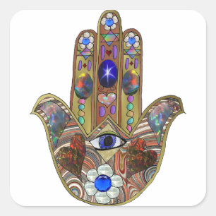 Judaica Hamsa Hearts Flowers Opal Art Print Square Sticker
