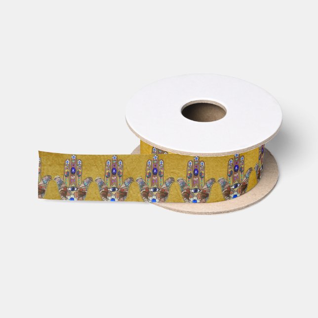 Judaica Hamsa Hearts Flowers Opal Print on Gold Satin Ribbon (Spool)