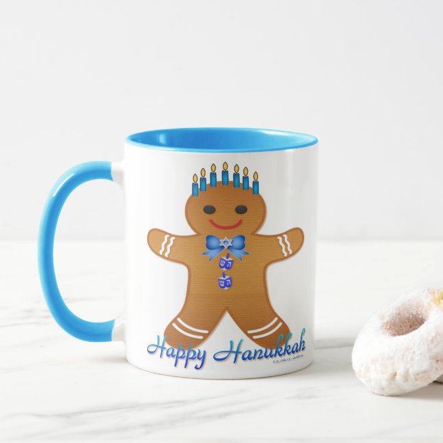 Judaica Hanukkah Gingerbread Man Menorah Mug (With Donut)