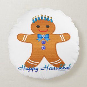 Judaica Hanukkah Gingerbread Man Menorah Round Pillow
