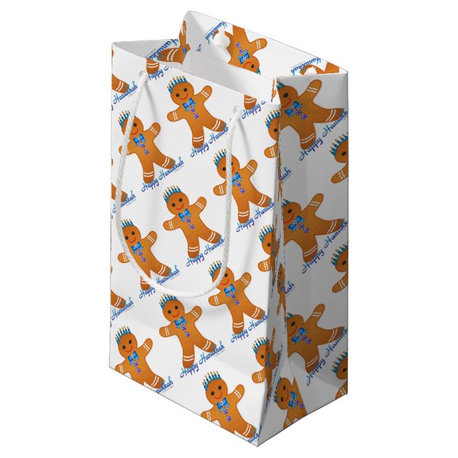 Judaica Hanukkah Gingerbread Man Menorah Small Gift Bag (Front Angled)