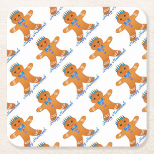Judaica Hanukkah Gingerbread Man Menorah Square Paper Coaster