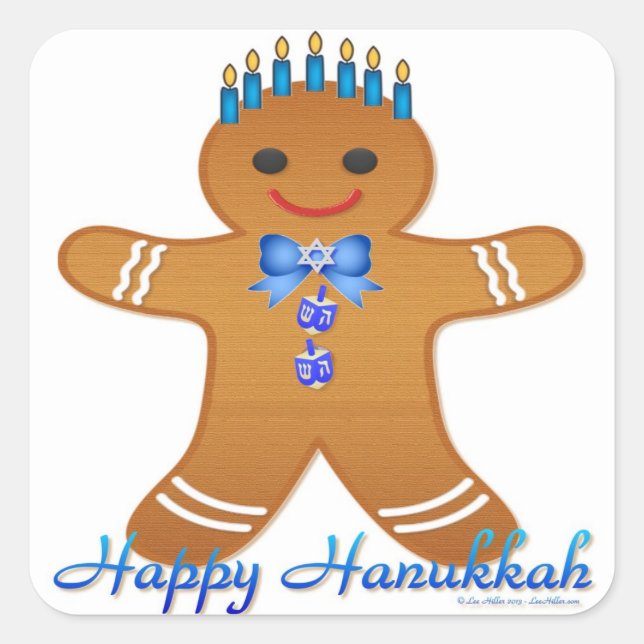 Judaica Hanukkah Gingerbread Man Menorah Square Sticker (Front)