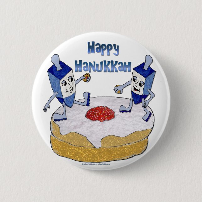 Judaica Happy Hanukkah Dancing Dreidels Doughnut 2 Inch Round Button (Front)