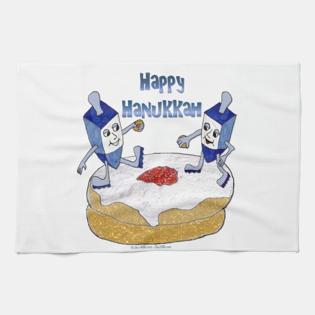 Judaica Happy Hanukkah Dancing Dreidels Doughnut Kitchen Towel (Horizontal)