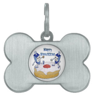 Judaica Happy Hanukkah Dancing Dreidels Doughnut Pet ID Tag
